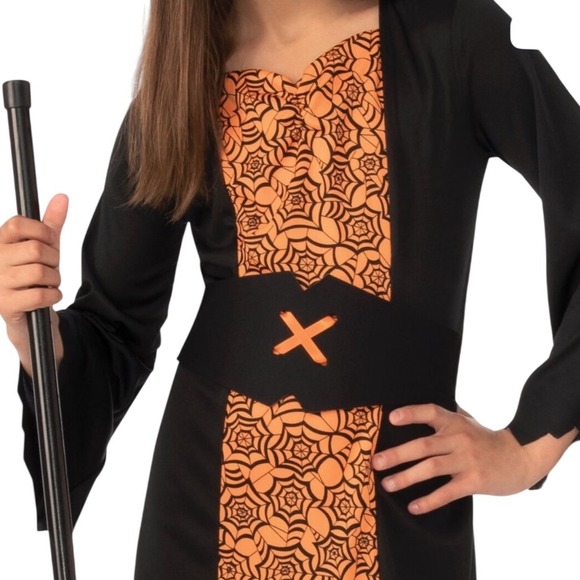 Girls Witch Costume Dress Hat Broom Halloween Spiderweb Black Orange Large‎ - Picture 3 of 10